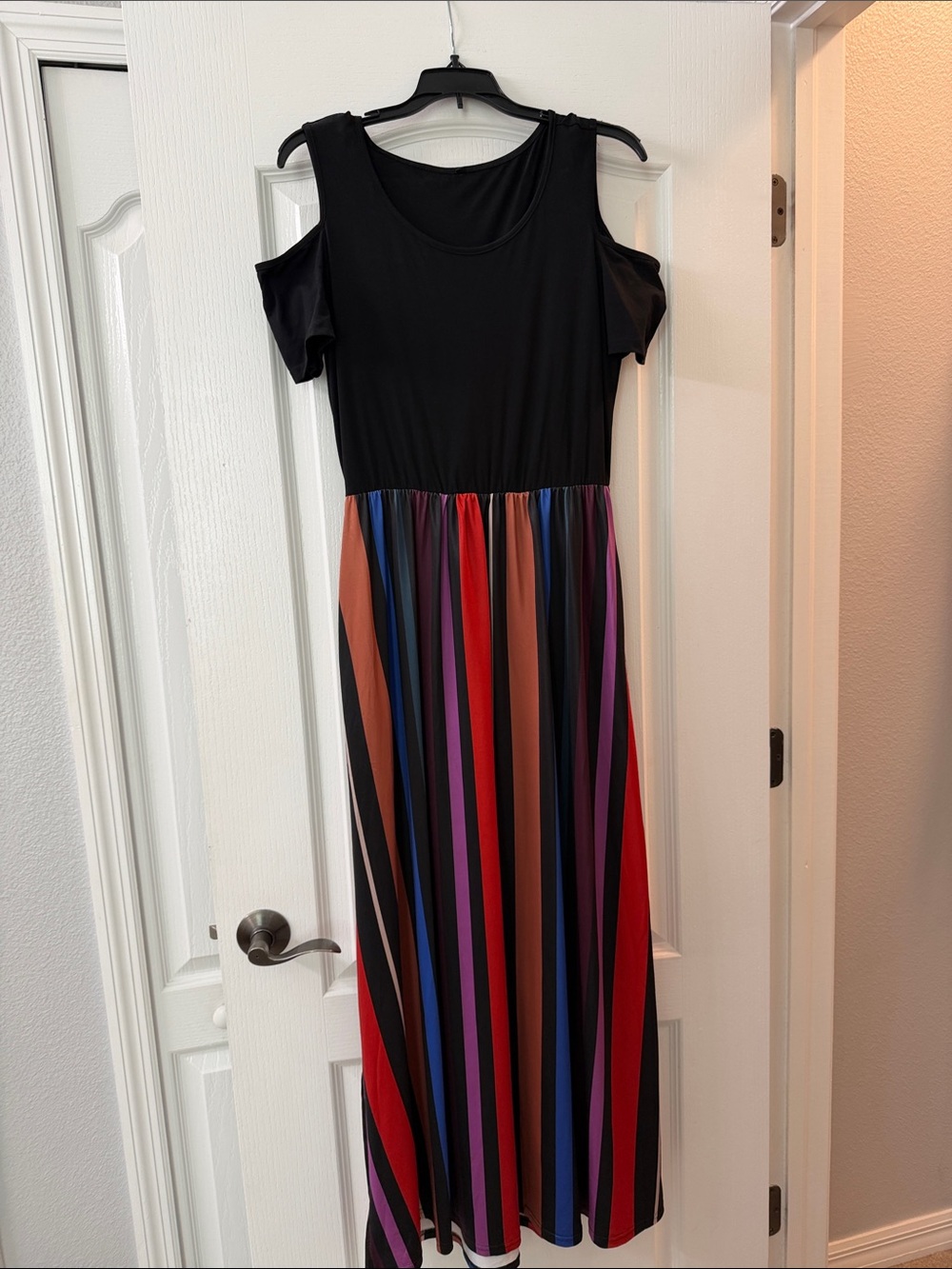 Women’s Black Cold-Shoulder Dress with Multi-Color Striped Skirt with pockets